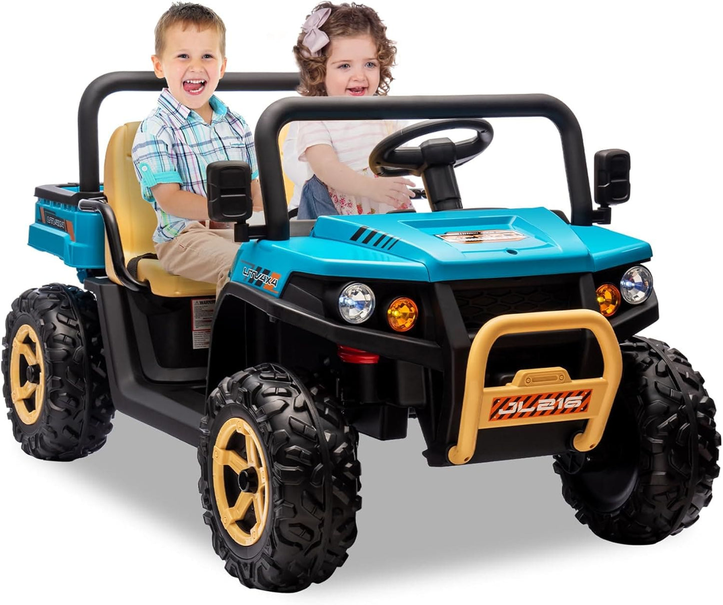 Qeetex 24V 2 Seater Ride On Dump Truck Battery Powered UTV for Kids Ride On Car Toys with Remote Control EVA Tires 4WD Electric Vehicle with Headlights for Boys and Girls Blue