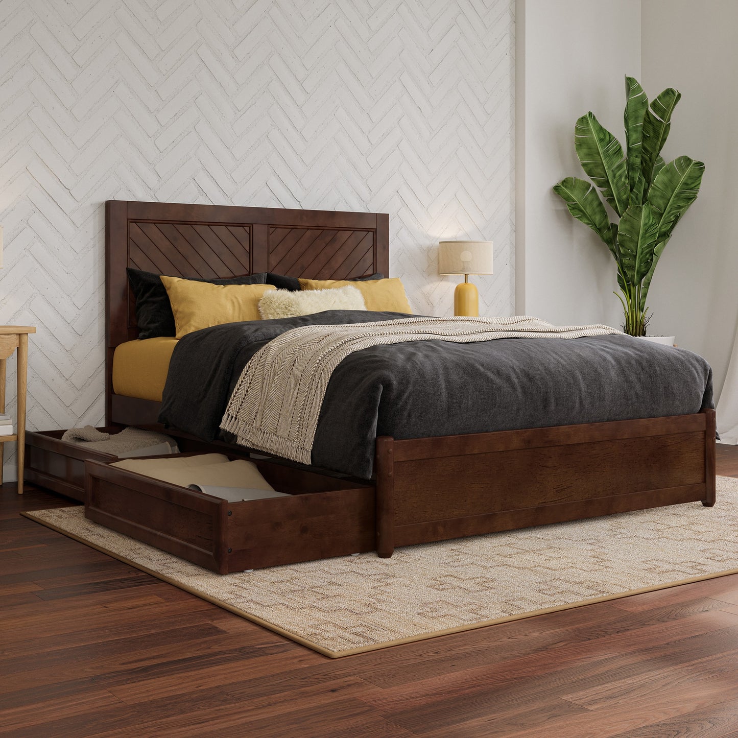 AFI Full Walnut Wood Storage Platform Bed with Headboard