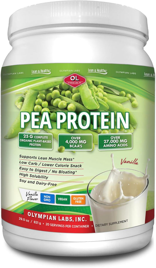 Olympian Labs Plant Based Pea Protein Powder, Vanilla - 25g of Protein, Vegan, Low Net Carbs, Gluten Free, Lactose Free, No Sugar Added, Soy Free, Non-GMO, 2 Pound Pea Protein
