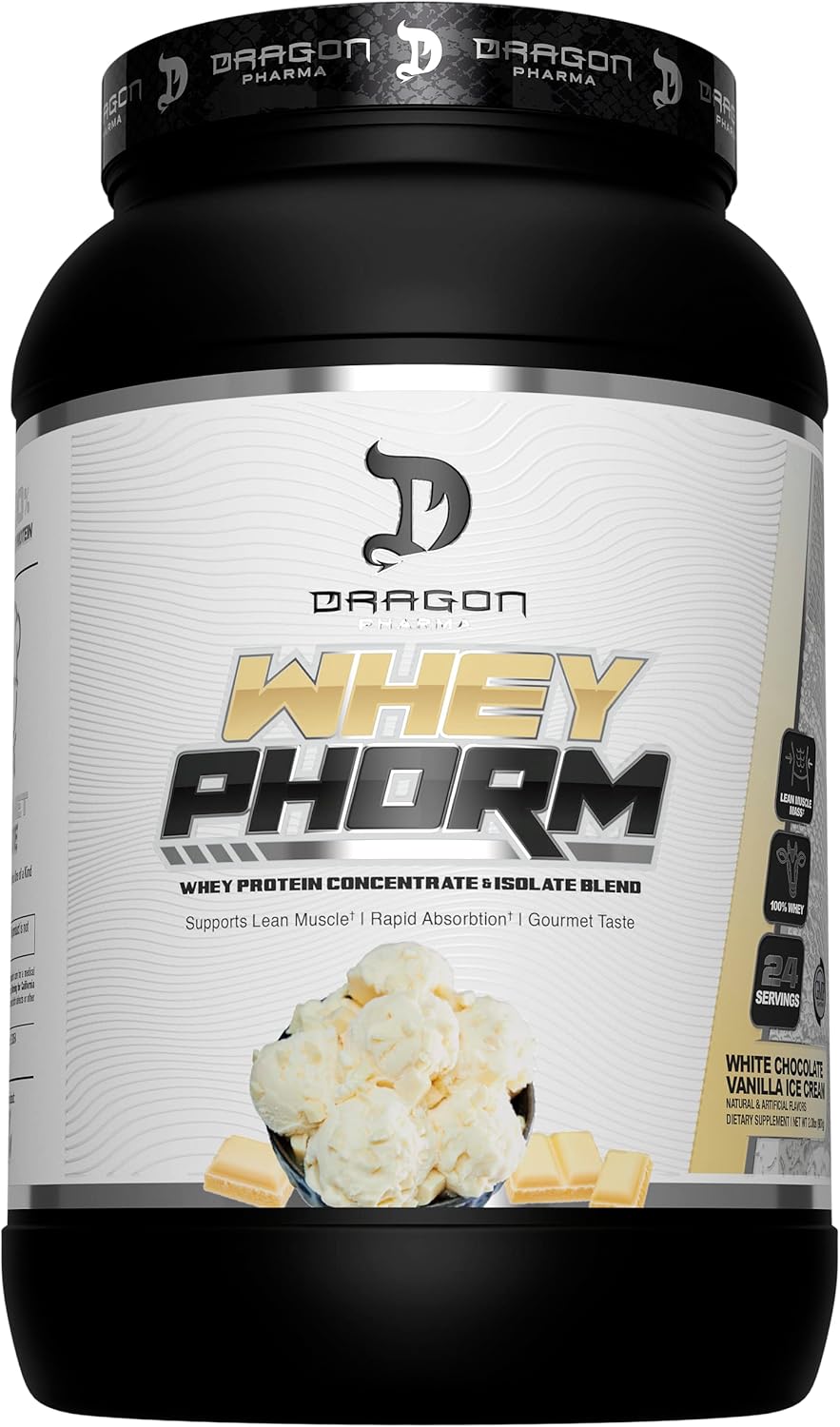 DRAGON PHARMA Whey Protein Blend, Fast Absorption, Gluten Free, 100% Whey Protein, WheyPhorm, Maximize Recovery, Great Tasting, 25 Grams of Protein (24 Servings, White Chocolate Vanilla Ice Cream)