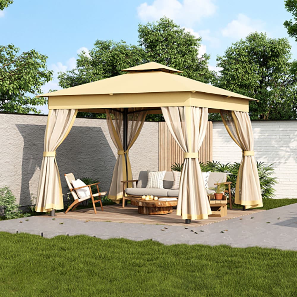 GZMR 10-ft x 10-ft Patio Gazebo with Mosquito Netting Beige Gazebo with Soft Top Roof (Screen Included)
