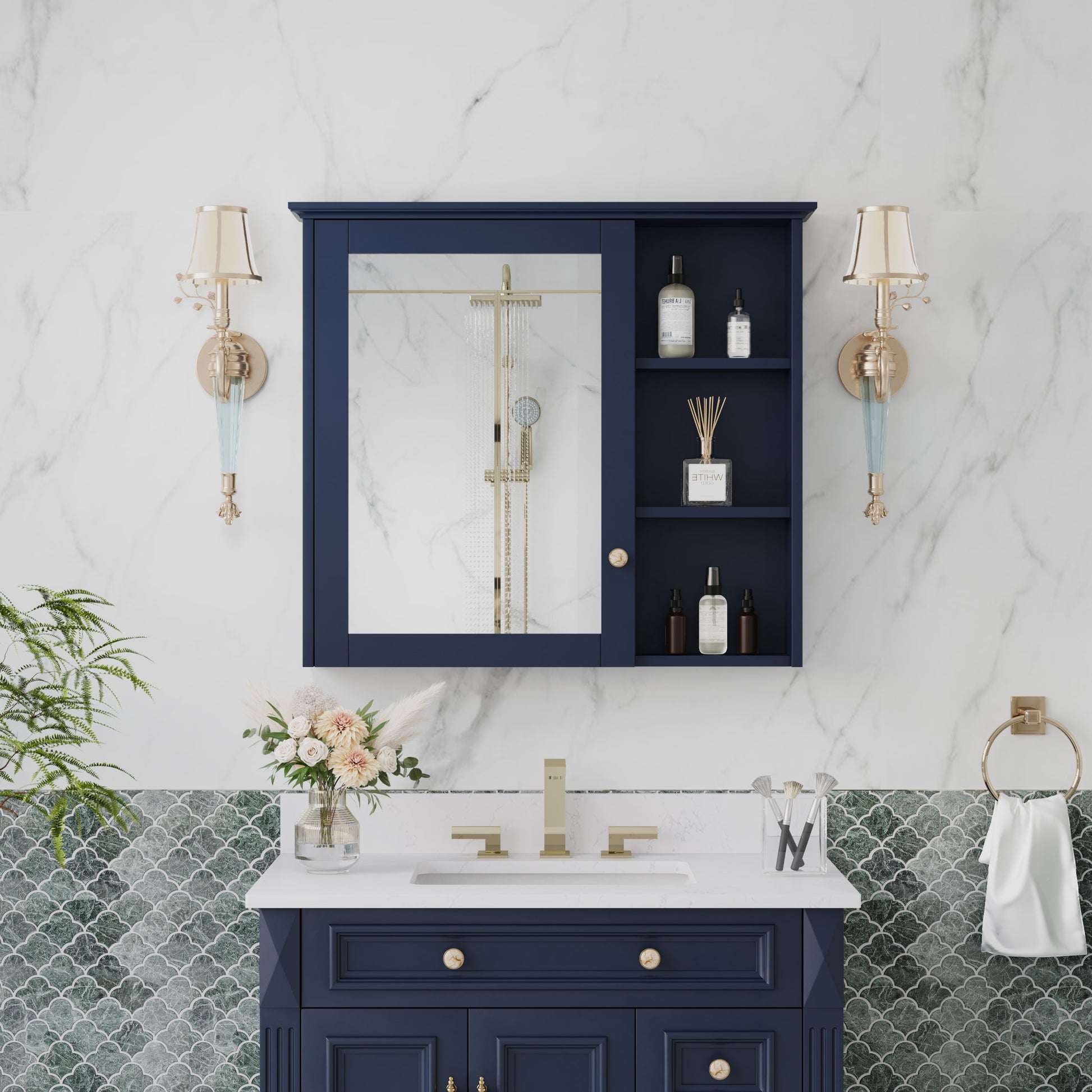 CALVON Solid Wood Medicine Cabinet 34-in x 30-in Surface Mount Navy Blue Mirrored Rectangle Soft Close Medicine Cabinet