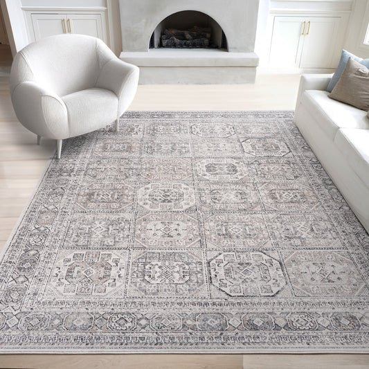 Tayse 9 x 12 (ft) Gray Rectangular Indoor Floral/Botanical Oriental Pet Friendly Area rug