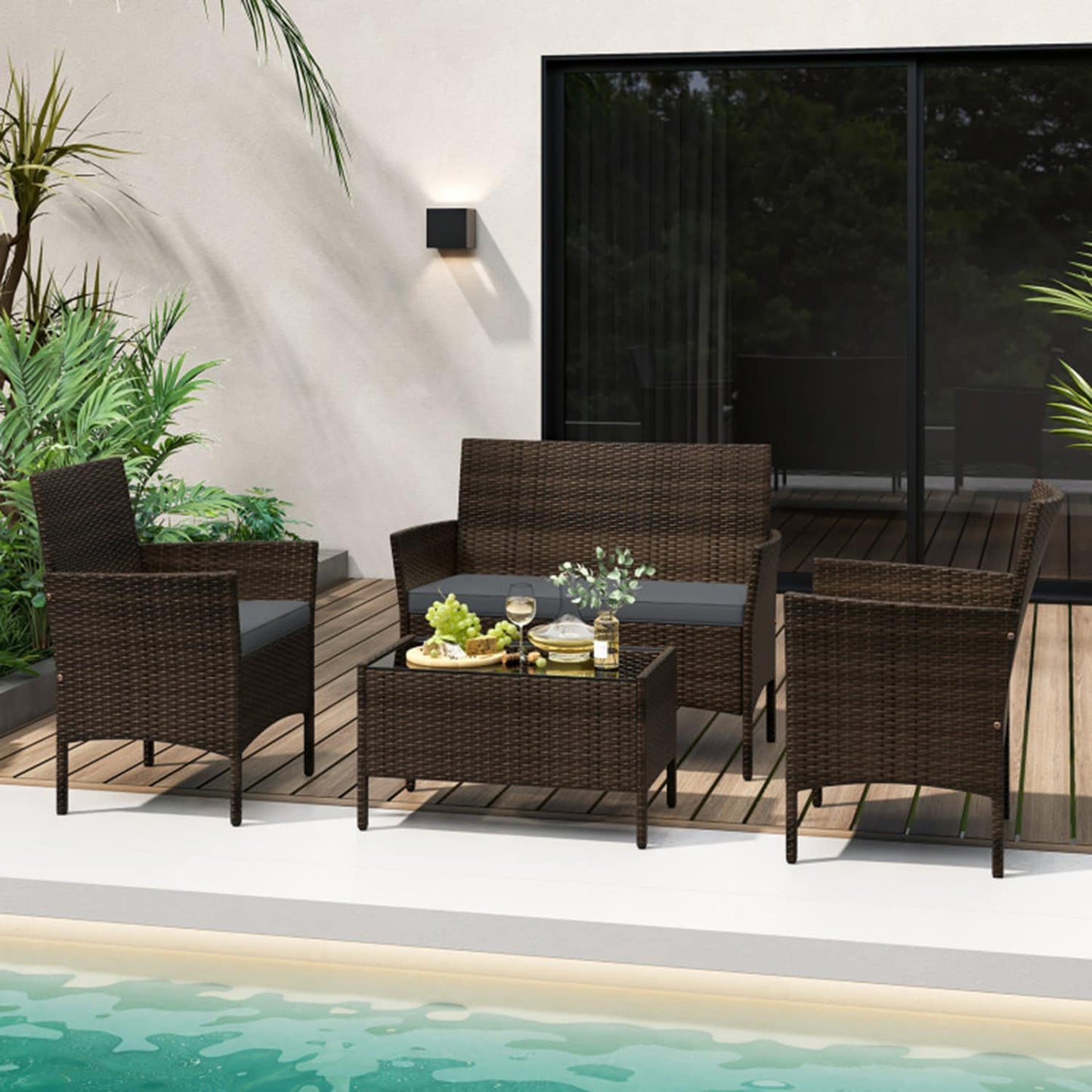 Mondawe 4 -Piece Rattan Patio Conversation Set with Gray Cushions