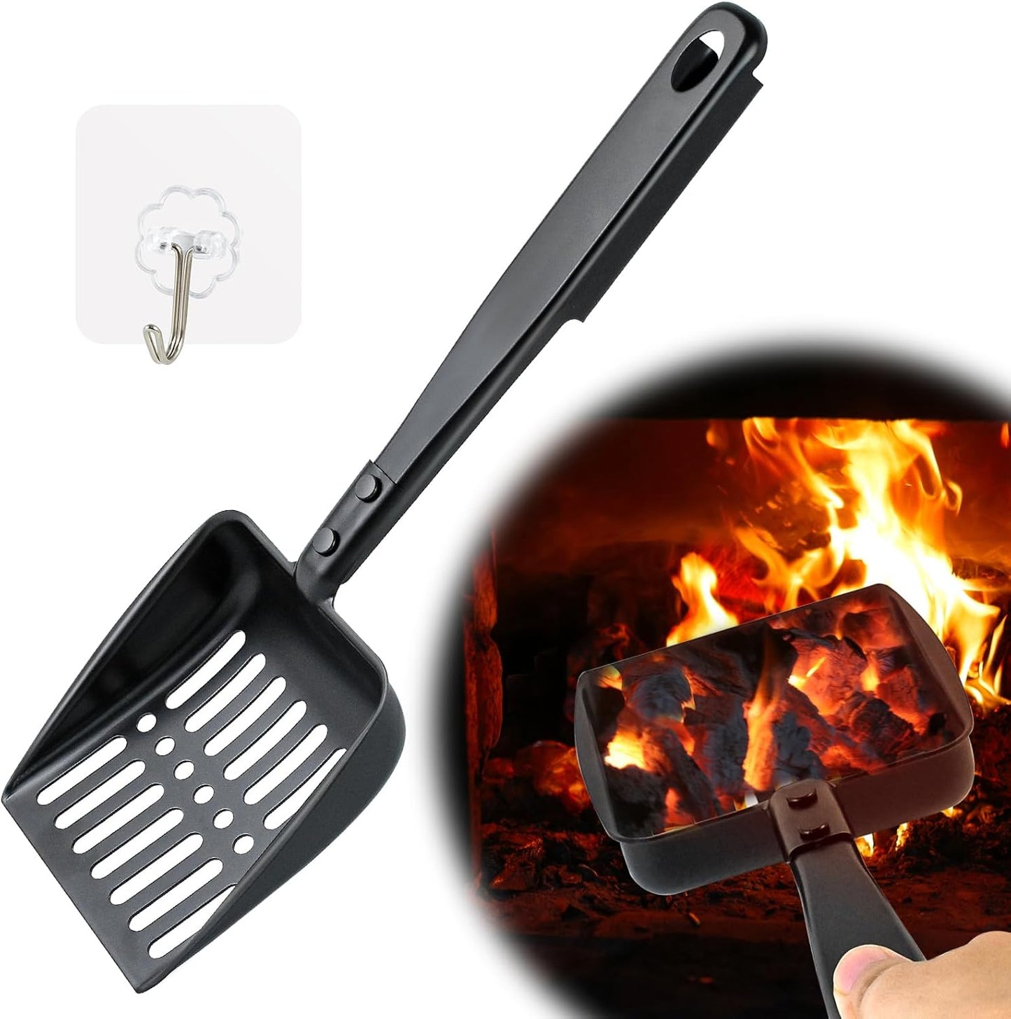 Rbied 13in Fireplace Ash Shovel with Hook Black Metal Heat Resistant Coal Scoop for Wood Stove