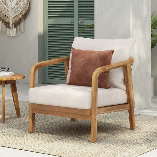 Hrinhom Woven TEAK Wood Frame Stationary Chaise Lounge Chair with Beige Cushioned Seat