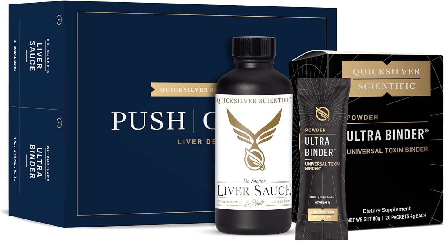 Quicksilver Scientific PushCatch Liver Detox Cleanse - 2 Piece Kit with Ultra Binder (Packets) & Liver Sauce (Liver Support Supplement with Milk Thistle Extract) to Support GI Detox & Toxin Binding