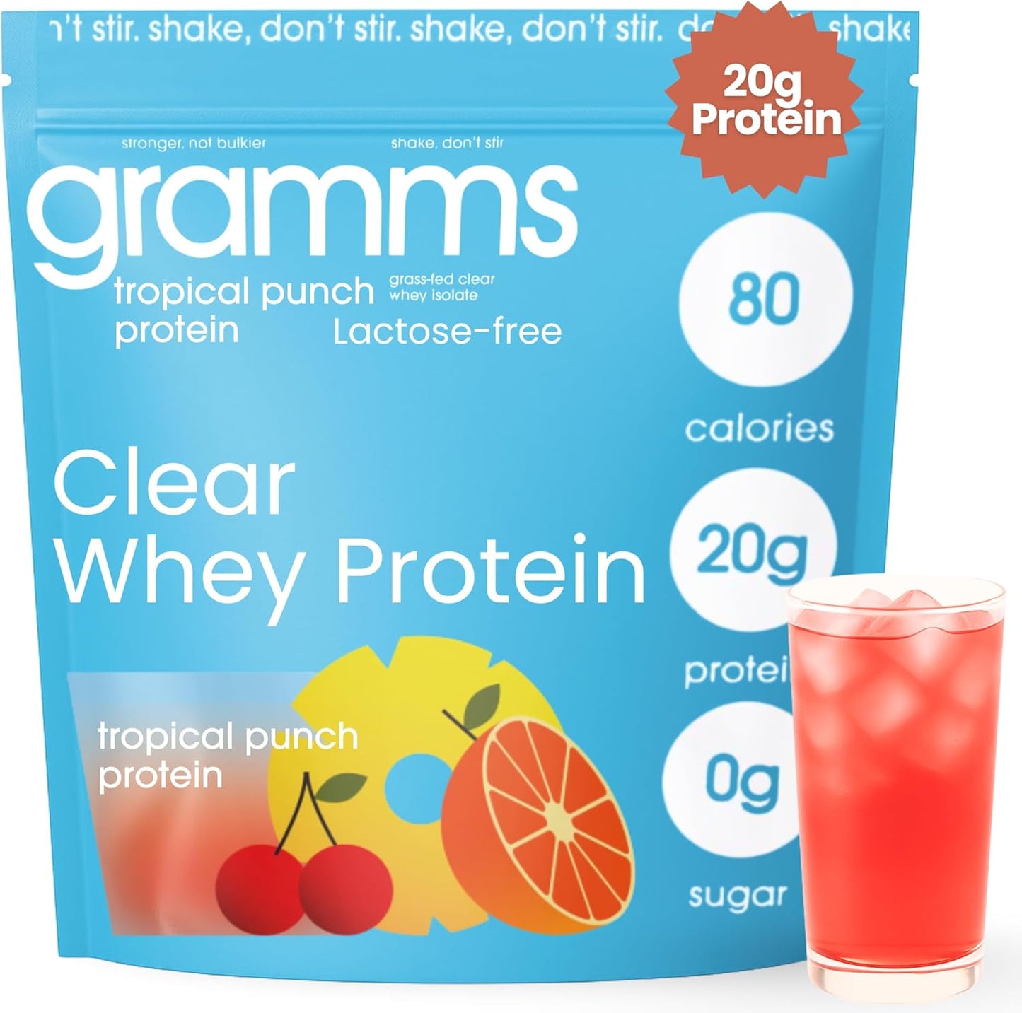 GRAMMS Clear Protein Powder, Tropical Punch | 20g Protein Grass-Fed Whey Isolate, Zero Sugar, Zero Lactose, Non-Bloating, Non-GMO, Protein for Women (18 Servings)