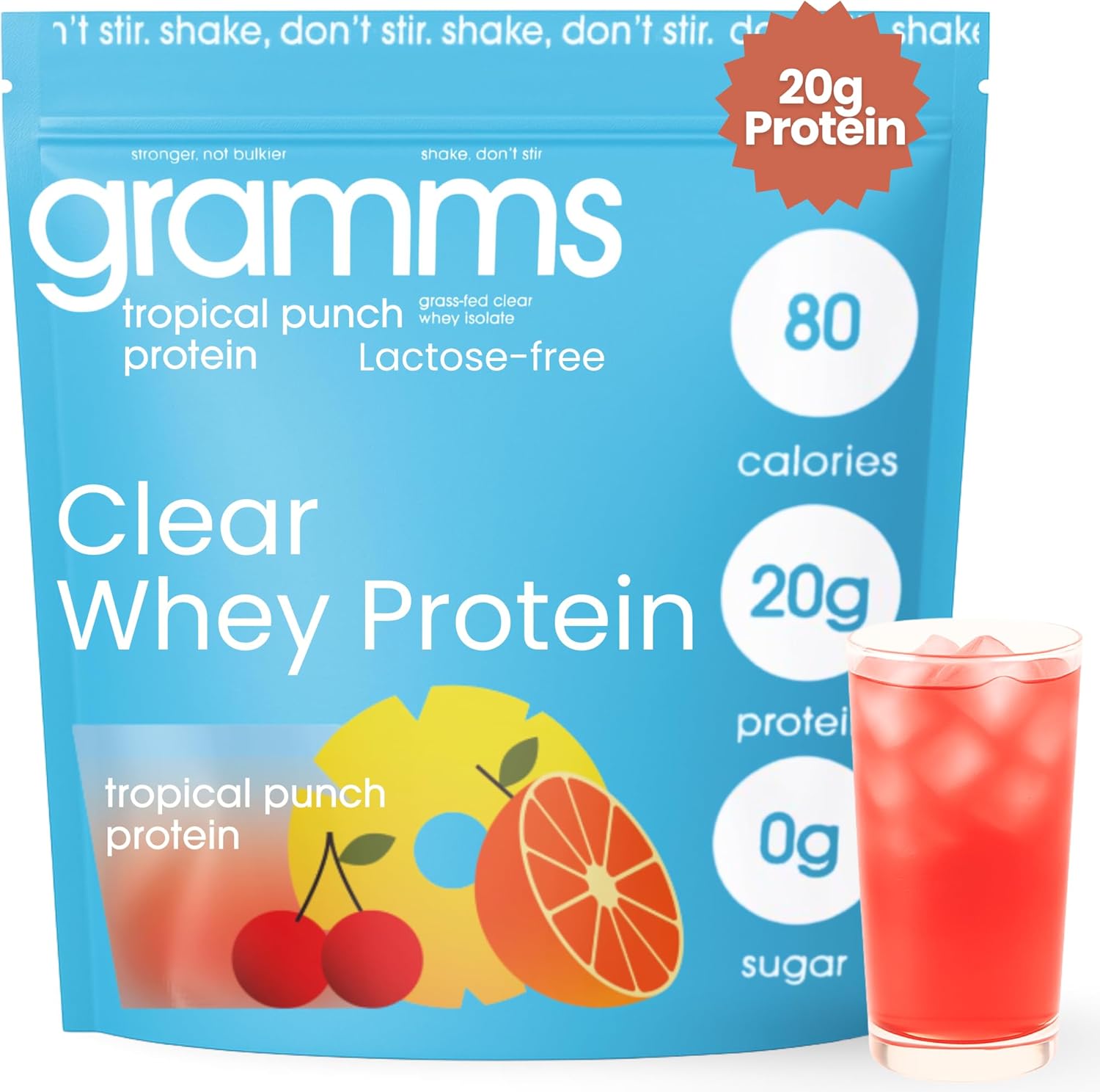 GRAMMS Clear Protein Powder, Tropical Punch | 20g Protein Grass-Fed Whey Isolate, Zero Sugar, Zero Lactose, Non-Bloating, Non-GMO, Protein for Women (18 Servings)
