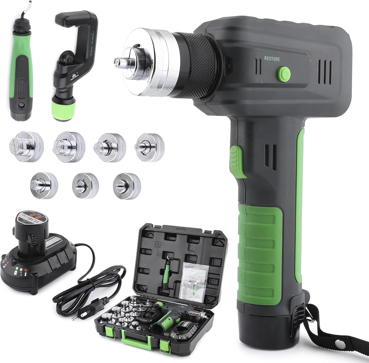 Rogvoc Electric Tubing Expander Swaging Tool Kit, with 2200mAh Powered, 7 Expander Heads for 3\/8" to 1-1\/8", Power HVAC Expander Tool with Tube Cutter, Deburring Tool for Copper Aluminum Pipes