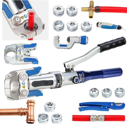 IBOSAD Hydraulic Copper Pipe Tube Fittings Crimping Tool with 30° Angle Jaw with1/2,3/4,1" Die for Copper Pipe and F877 Stainless PEX Press Sleeves,3/8" to 1" Die for F1807 Pex Pipe Copper Ring
