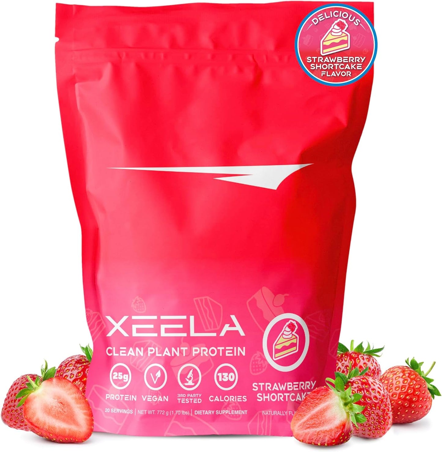 XEELA Plant Based Vegan Protein Powder - Independently Tested - 25g High Protein, Pea Protein for Men & Women - Vitamins & Minerals, Non GMO, Dairy & Gluten Free, LowCarb & LowFat (Strawberry Cake)