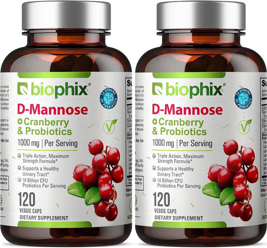 biophix D-Mannose 1000mg Capsules with Cranberry & Probiotics - D Mannose Supplements for Women - D-Mannose Pills for Urinary Tract & Bladder Health Support - Digestive Well-Being - 120 Vcaps 2 Pack