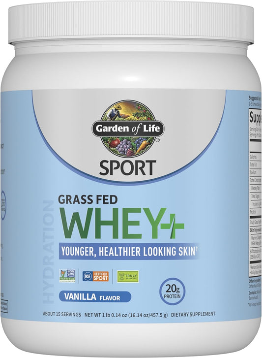 Garden of Life Sport Whey Protein Powder Vanilla Flavor 20g Plus Marine Collagen Peptides & MSM for Women and Men, Optimum Amino Energy, Younger, Healthier Looking Skin - Grass Fed, About 15 Servings