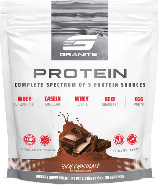 Granite Nutrition Protein Powder - Premium 5-Source Blend (Whey, Casein, Egg, Grass-Fed Beef) for Lean Muscle and Recovery - Rich Chocolate, 30 Servings