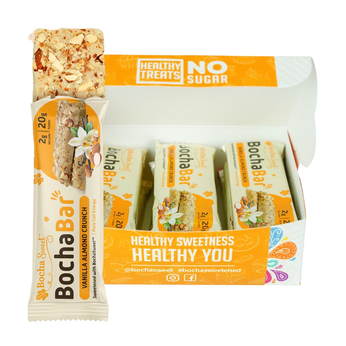 BochaSweet Keto Protein Bar, Vanilla Almond Crunch BochaBar, 20g Grass Fed Collagen, Low Carb, Keto-Friendly, Gluten Free, 12 Count