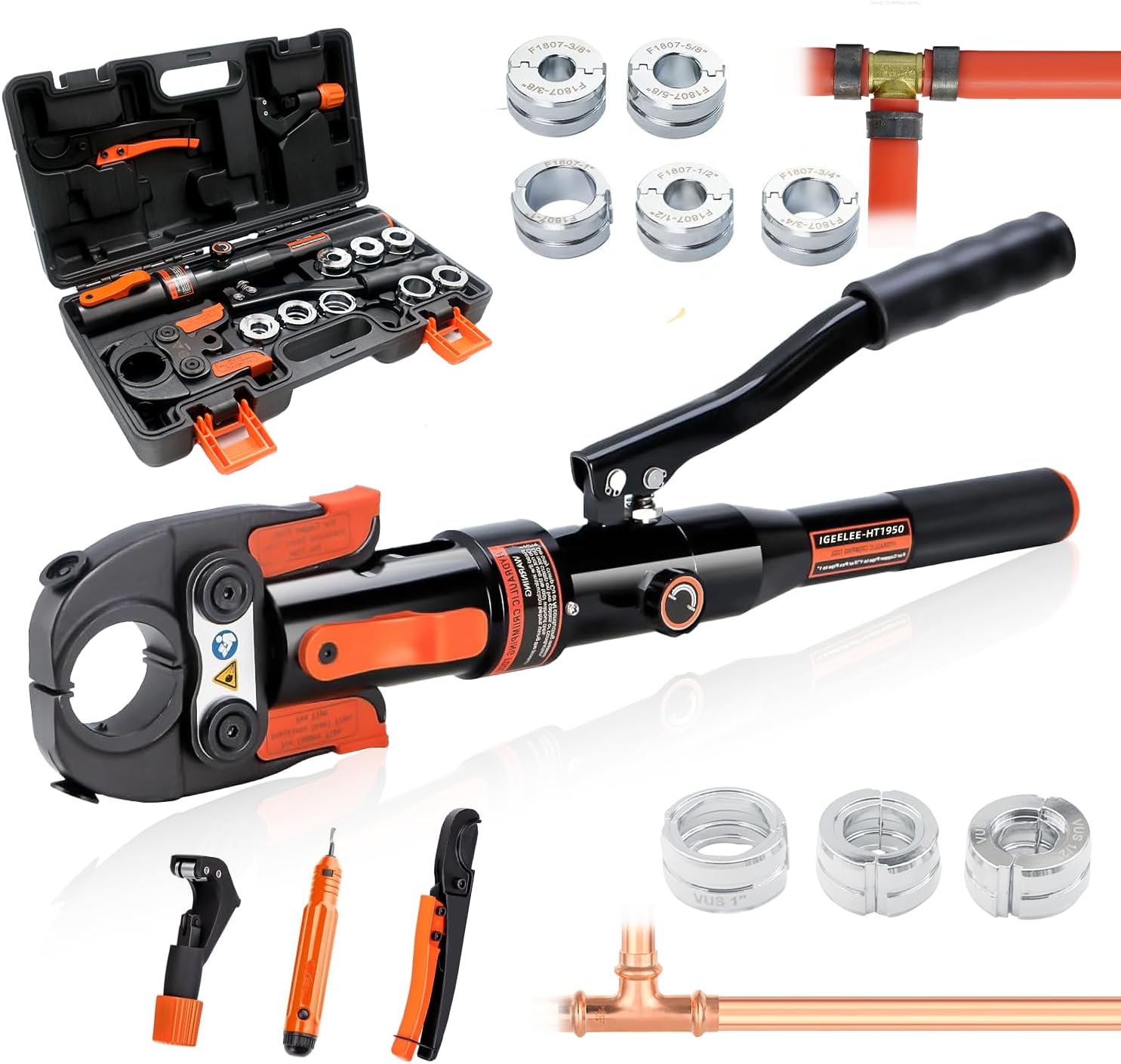 Hydraulic Copper Press Tool, Pex Crimping Tool with 1/2", 3/4", 1" Dies for Copper Pipe Fitting & 3/8"-1" Dies for ASTM F1807 Pex Copper Rings, Heavy Duty HT-1950E