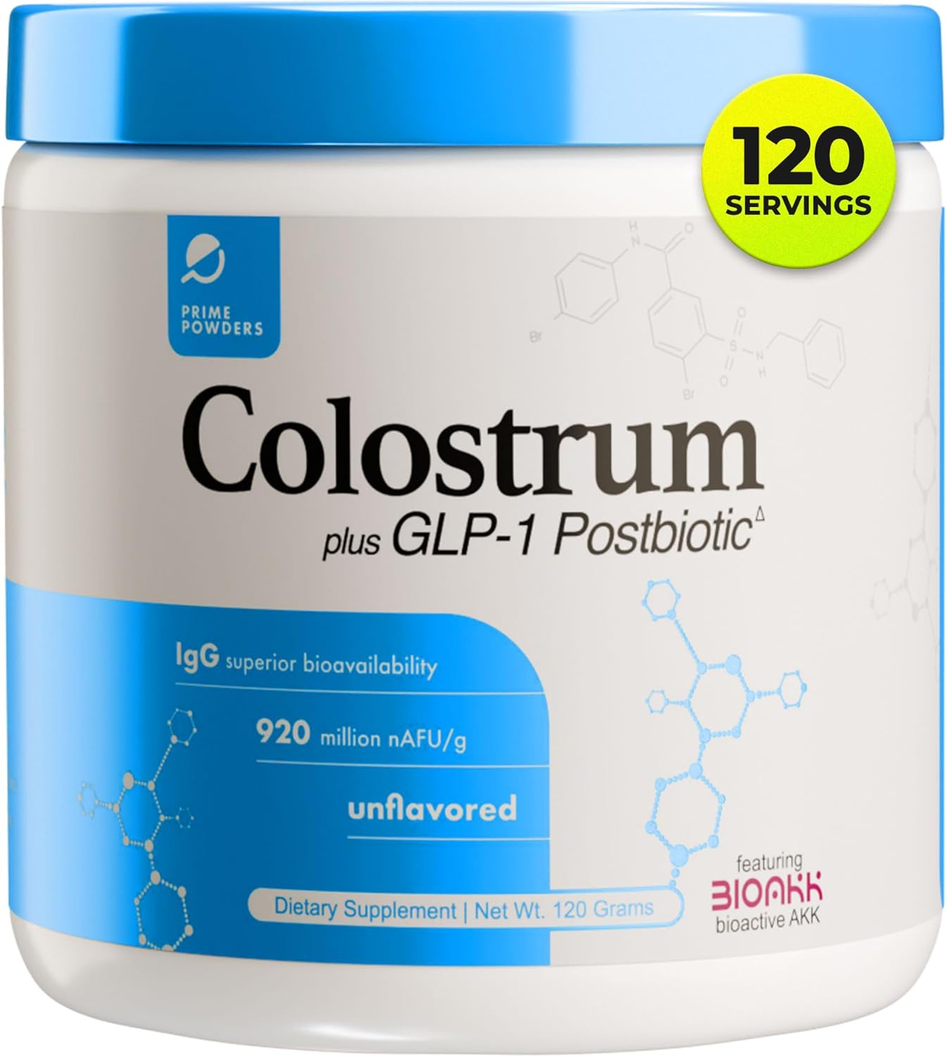 Prime Powders® Colostrum Grass-fed Powder with Akkermansia GLP-1 Probiotic, High IgG, Gut Lining & Immune Support, Growth Factors, Maximum Absorption, Unflavored Supplement (120 Servings)