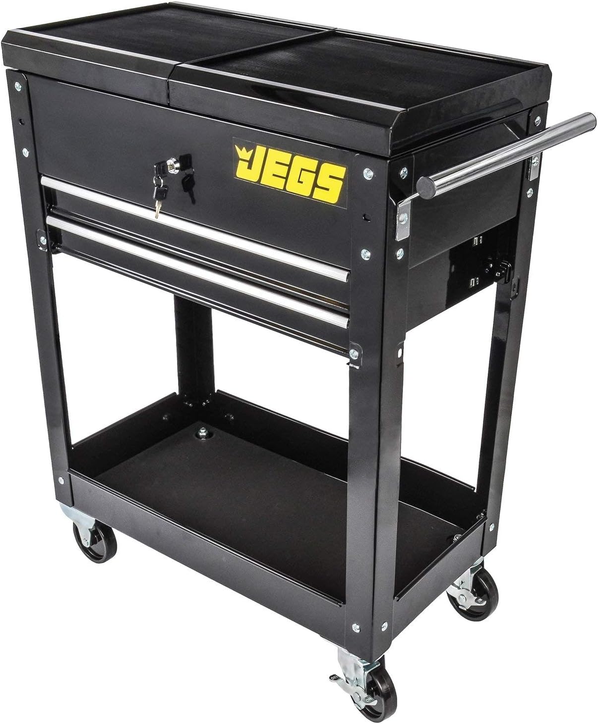 JEGS Heavy-Duty Tool Box Cart | 220 LBS Capacity | Uses Four 4” Caster Wheels | Includes 2 Keyes and 6 Drawer Liners | Black with JEGS Logo | 2 Locking Drawers | Sliding Top