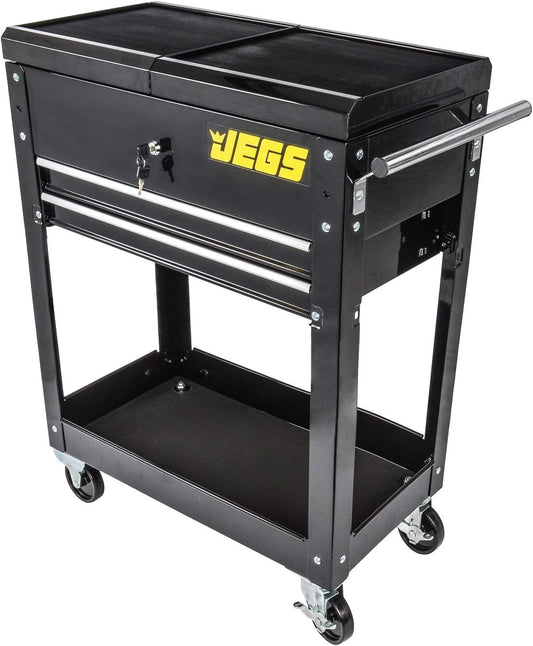 JEGS Heavy-Duty Tool Box Cart | 220 LBS Capacity | Uses Four 4” Caster Wheels | Includes 2 Keyes and 6 Drawer Liners | Black with JEGS Logo | 2 Locking Drawers | Sliding Top