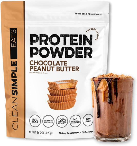 Clean Simple Eats Whey Protein Powder, Chocolate Peanut Butter Flavor Naturally Sweetened, 100% Grass Fed Protein Powder with Digestive Enzymes & No Artificial Ingredients, Gluten Free, 30 Servings