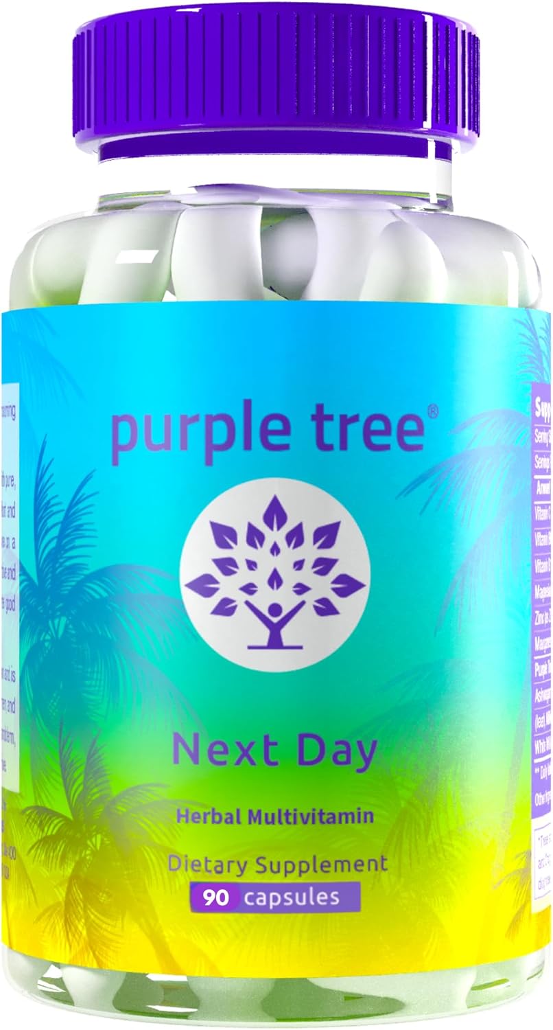 purple tree Next Day, Post-Celebration Wellness - Take Tomorrow | Replenish & Feel Your Best | Ashwagandha, Ginger, Peppermint, Milk Thistle, Electrolytes, Vitamins, 90 Pills