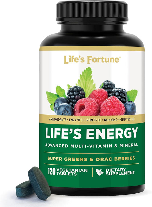 Life's Energy Advanced Daily Multivitamin for Men & Women, Energy & Immune Support Supplement with Super Greens - Antioxidants & Enzymes - Iron Free, Vegetarian, 120 Tablets by Life's Fortune