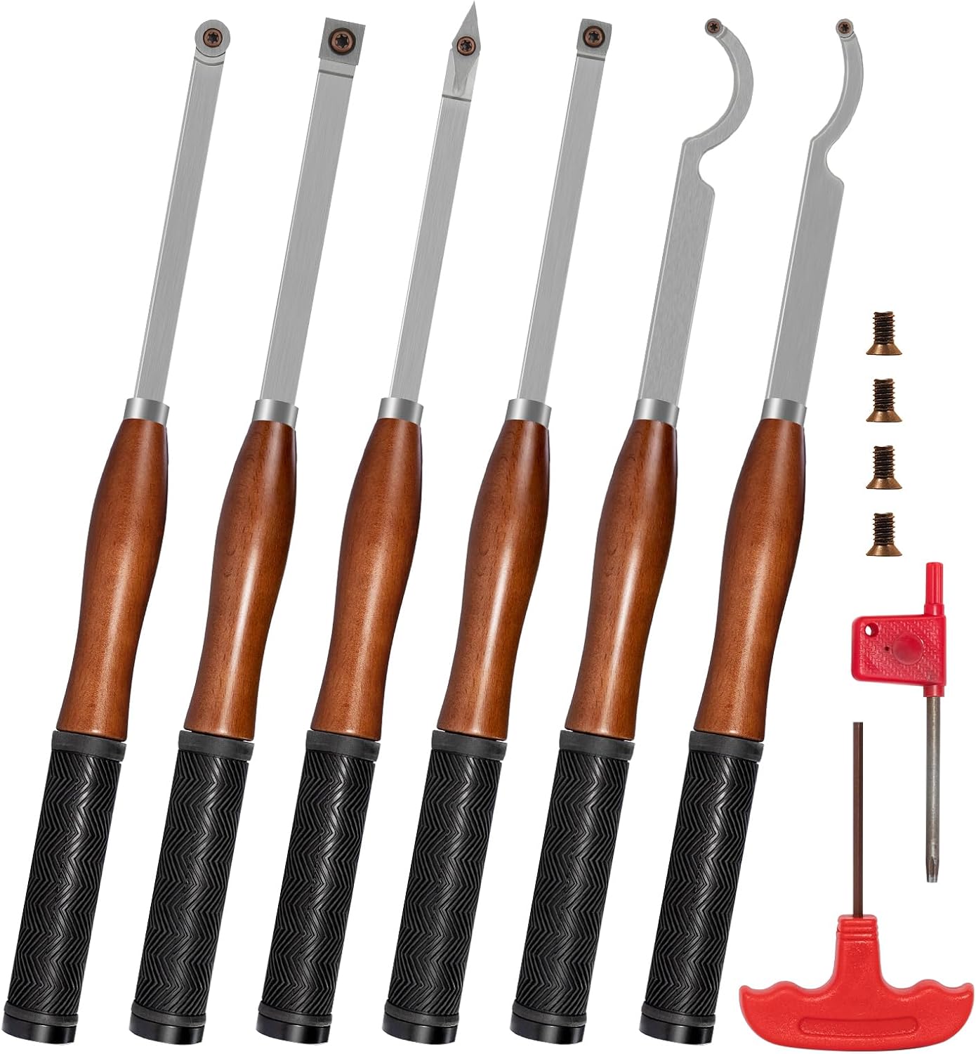 Full Size Carbide Wood Lathe Turning Tool Kit with Wooden Box, 6pcs 18" Professional Carbide Lathe Tools including Swan Neck Hollower, Rougher, Finisher, Beech Handle with Rubber