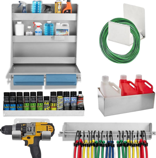 6PCS Aluminium Trailer Garage Organizer Kit, Enclosed Trailer Accessories, Trailer Accessories Ratchet Tie Rod Holder, Cord Hook, Aerosol Can Rack, Miscellaneous Water Bottle Shelf, Tool Hanger