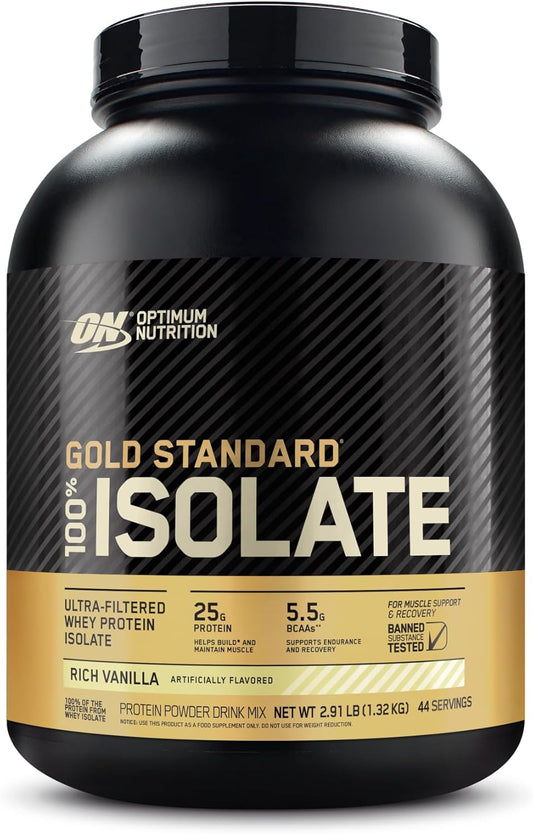 Optimum Nutrition Gold Standard 100% Isolate, Protein Powder, Rich Vanilla, 2.91 Pounds, 44 Servings. Whey Protein Isolate (Packaging May Vary)