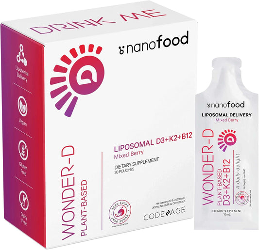 Codeage Liposomal Vitamin D3 Liquid Supplement Sachet, Wonder-D Cholecalciferol Vegan Liquid Multivitamin, Plant-Based Vitamins K2 B12, Non-GMO Phospholipids, Vitamin E, Berry Flavor - 30 Pouches