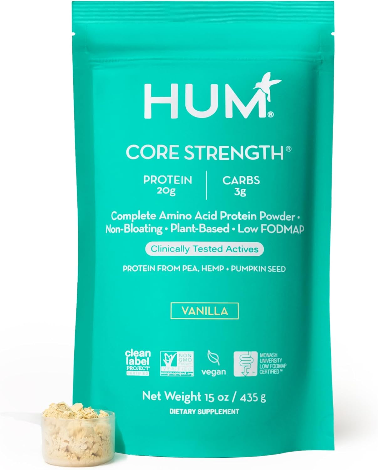 HUM Core Strength Vanilla Vegan Protein Powder, Gluten Free, Plant Based, 20g Protein per Serving, Amino Acids, Pea Hemp & Pumpkin Seed Proteins, Low Fodmap, Gut-Friendly, Easy to Digest, 15 Servings