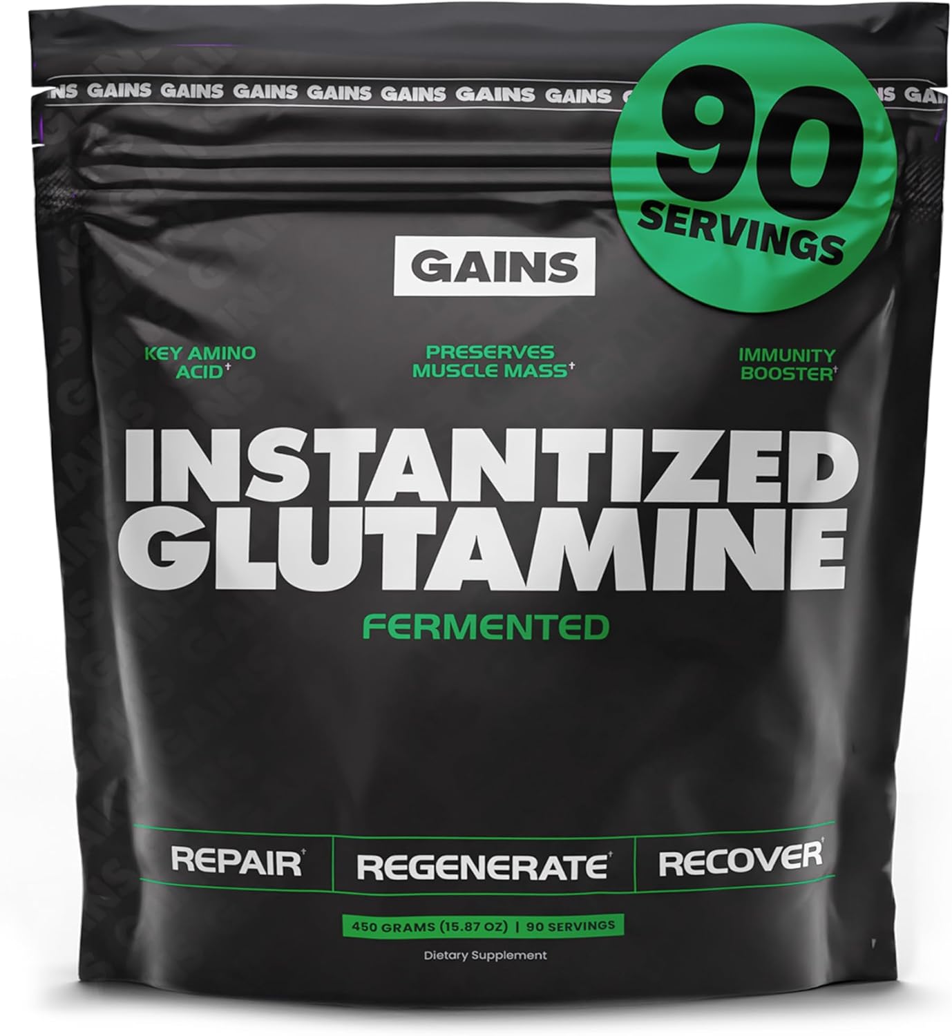 Gains in Bulk L-Glutamine, Gluten Free Glutamine Powder for Muscle Recovery and Growth, Post Workout Support, Amino Acid Supplement, Promotes Protein Synthesis, Non GMO, Unflavored, 90 Servings