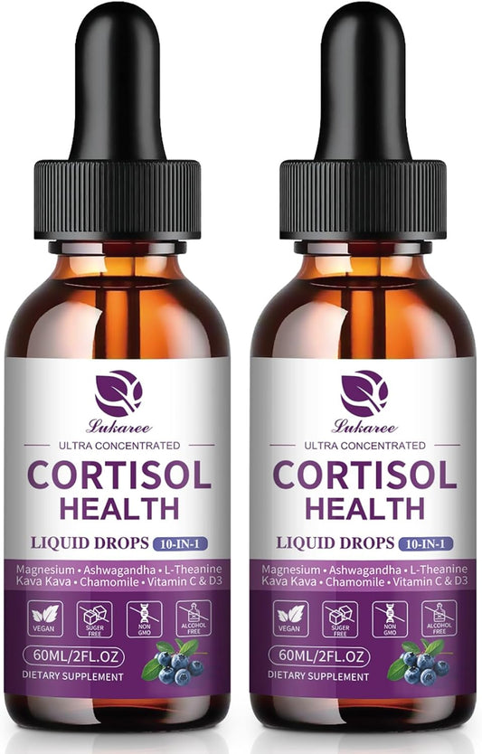Cortisol Supplement Liquid Drops, 10 in 1 Hormone Balance for Women Men with Magnesium, Ashwagandha, L-theanine, Rhodiola - Lower Cortisol, Mood, Focus, Sleep Support - 2 Pack, Blueberry Flavor