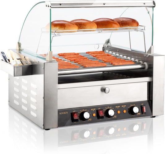 Bonnlo Hot Dog Roller, 2000W 11 Rollers 30 Hot Dogs, Stainless Steel Hot Dog Machine Grill, w\/Toast & Bun Warm Drawer, Shelf, Zone Temperature Control, LED Light, Detachable Drip Tray, Food Truck Use