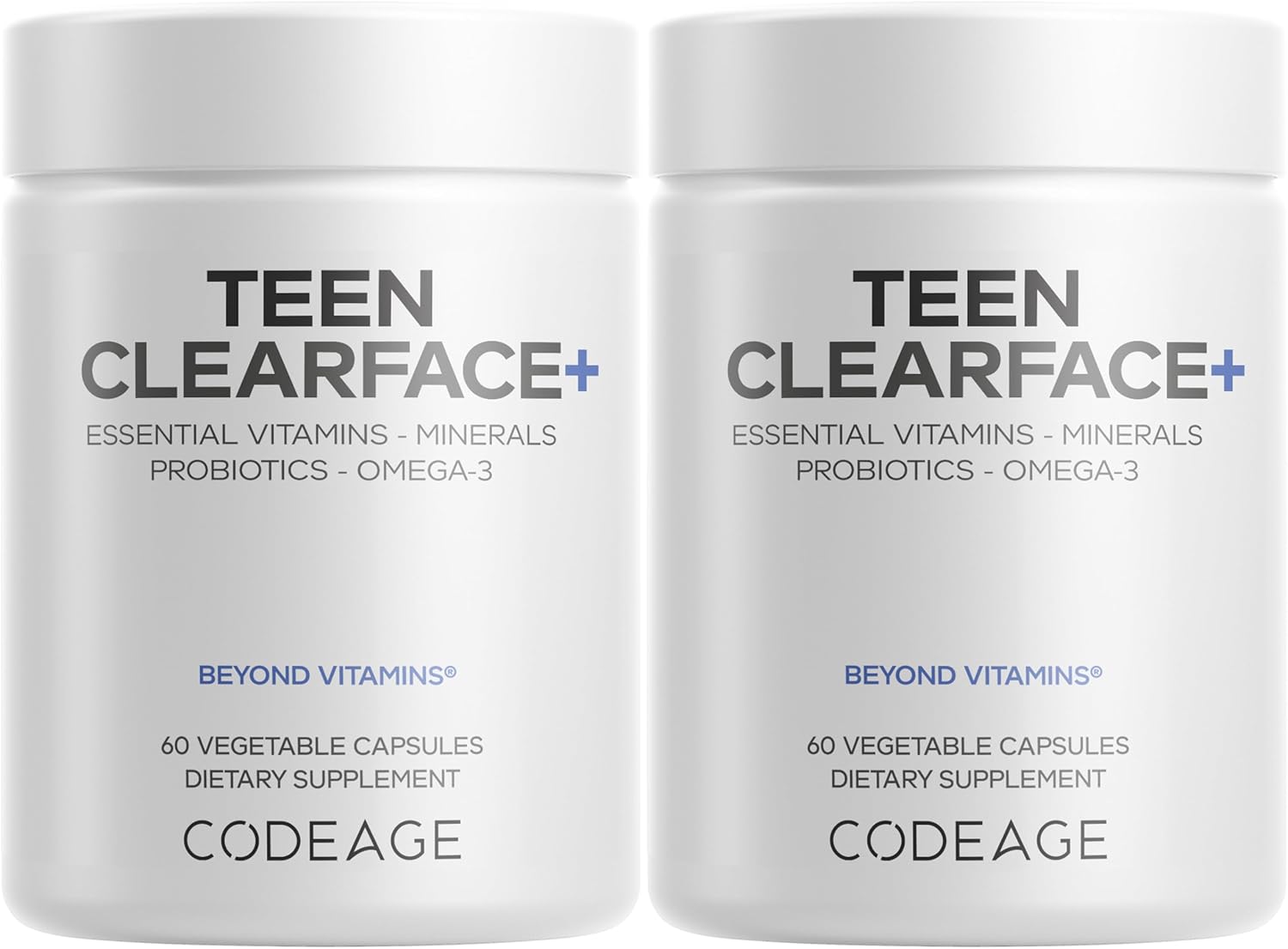 Codeage Teen Clearface Adolescent Face, Skin & Pimples, Vitamins A, C, D3, E, Pantothenic Acid, Niacin, Zinc Supplement Teenagers, Probiotics, L-Lysine, Omega-3, Oily Skin, Pores, Spots - 2 Pack