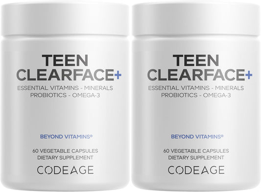 Codeage Teen Clearface Adolescent Face, Skin & Pimples, Vitamins A, C, D3, E, Pantothenic Acid, Niacin, Zinc Supplement Teenagers, Probiotics, L-Lysine, Omega-3, Oily Skin, Pores, Spots - 2 Pack
