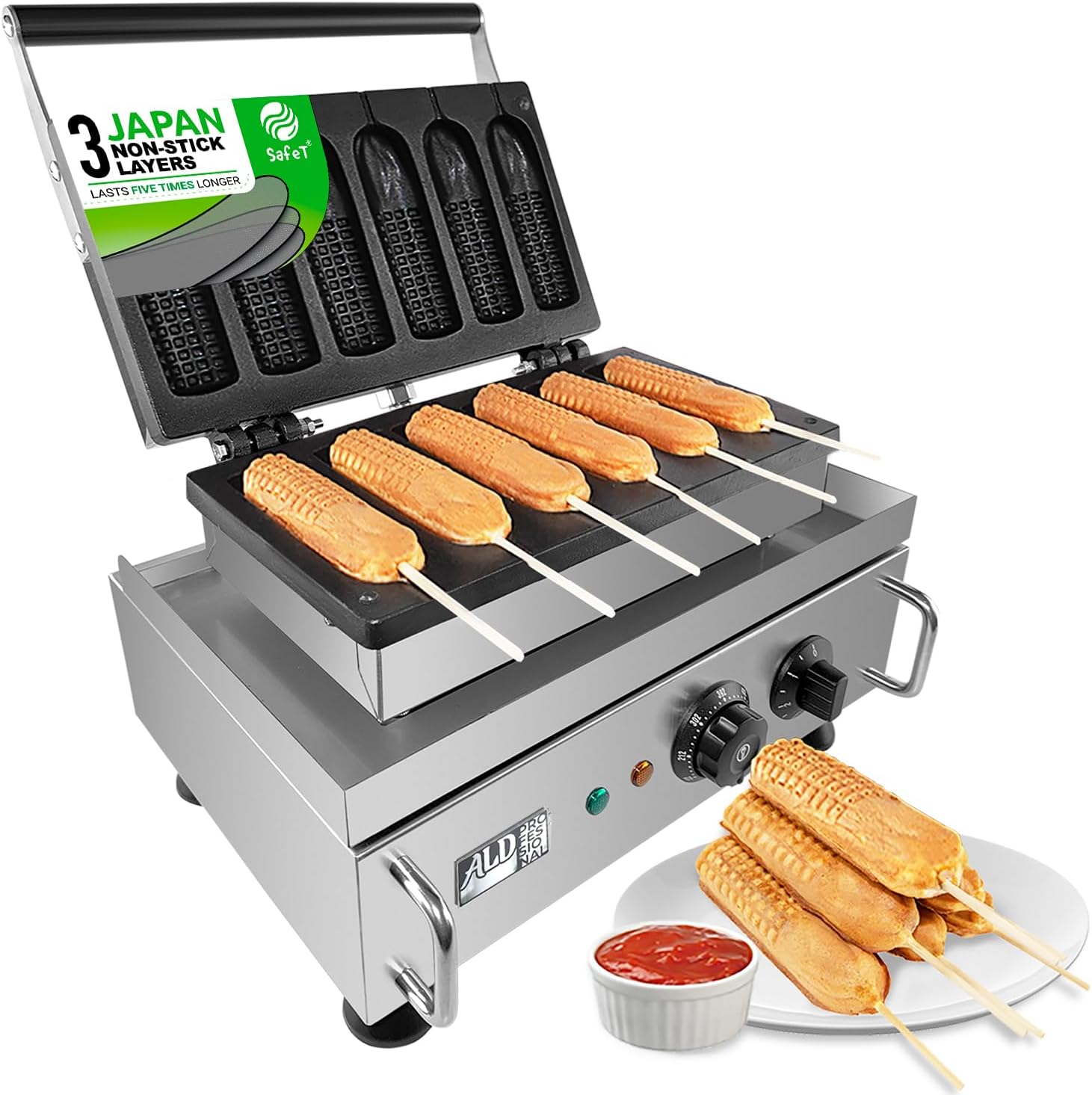 ALDKitchen Corn Dog Waffle Maker for Commercial Use | 6 Hotdog Waffles on a Stick | Stainless Steel | 110V (6 Corn Dogs)