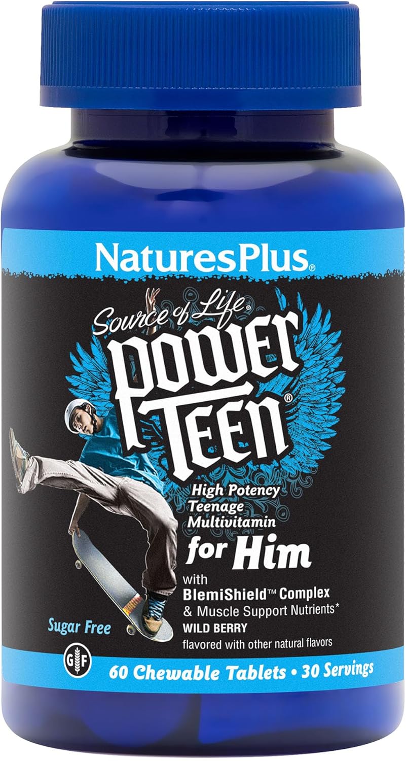 Natures Plus Source of Life Power Teen for Him, Wild Berry - 60 Chewable Tablets, Pack of 2 - High Potency Teenage Multivitamin - Gluten Free, Sugar Free - 60 Total Servings