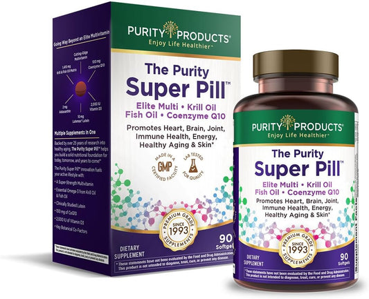 Purity Products Purity Super Pill Elite Multi + Krill Oil + Fish Oil - Vitamins + Minerals, CoQ10, Lutein - 6 Advanced Formulas in 1 Supports Healthy Brain, Joints, Heart + More - 90 Mini Softgels