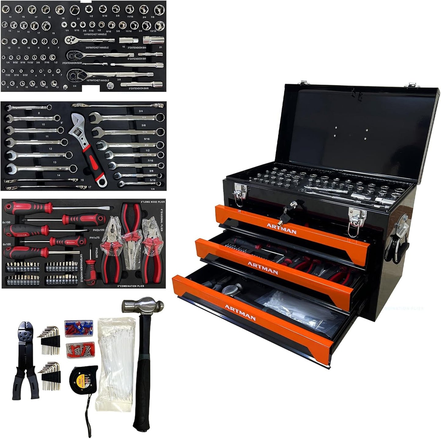 439-Piece Mechanic Tool Set in Heavy-Duty 3-Drawer Steel Box with 4-Tier Socket, Wrenches & Pliers. Portable Household Tool Kit Organizer Case for Auto Repair, Garage, Workshop. Orange