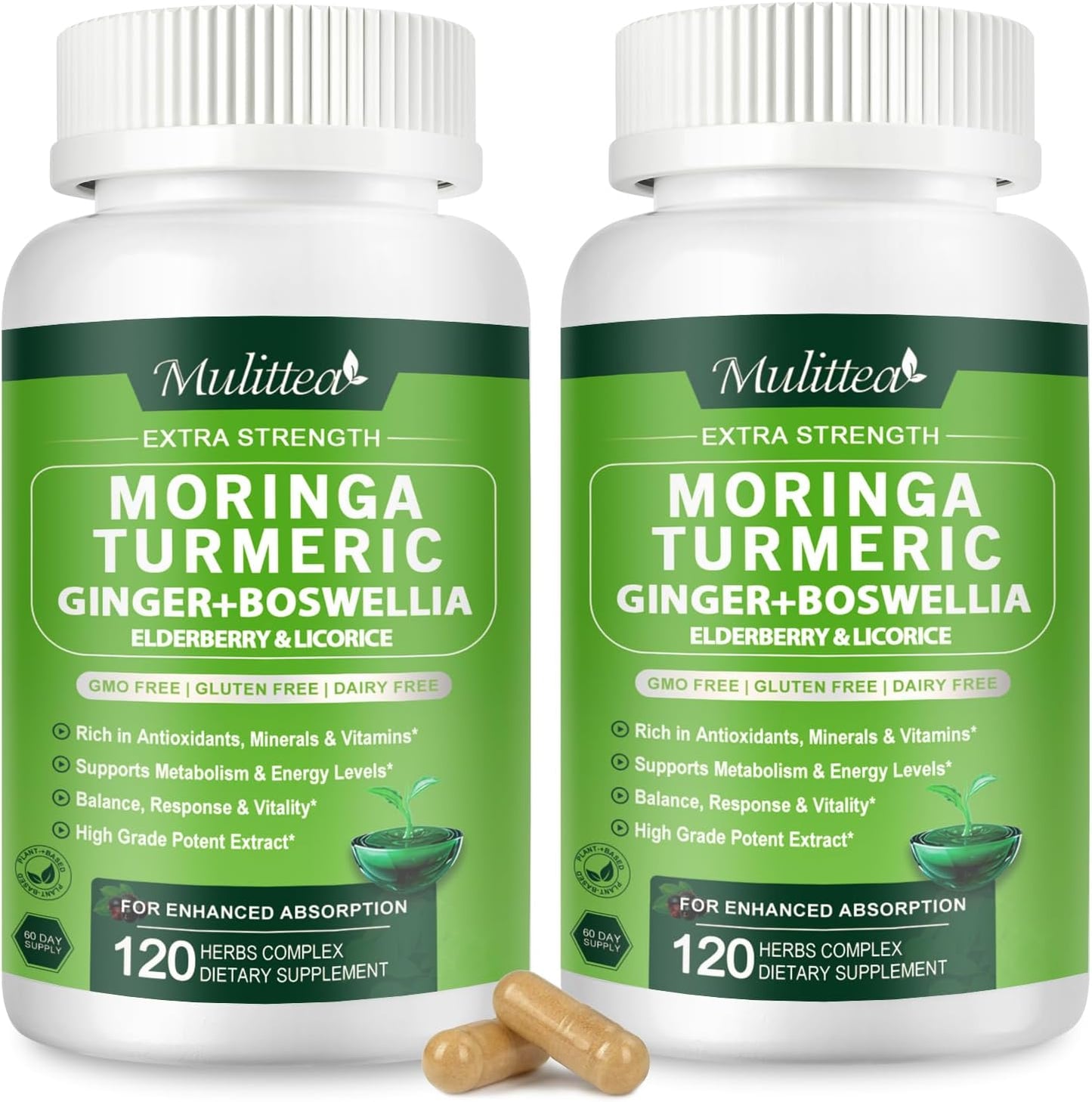 Moringa Capsules Organic 1000mg, 7-in-1 Superfood with Turmeric, Ginger, Elderberry, Licorice & Boswellia - Support Immune, Skin, Gut & Antioxidant-Non-GMO, GMP, 120 Vegan Capsules-2 Packs