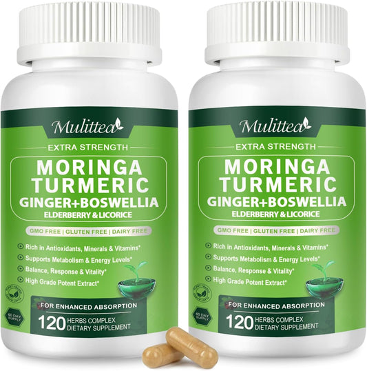 Moringa Capsules Organic 1000mg, 7-in-1 Superfood with Turmeric, Ginger, Elderberry, Licorice & Boswellia - Support Immune, Skin, Gut & Antioxidant-Non-GMO, GMP, 120 Vegan Capsules-2 Packs