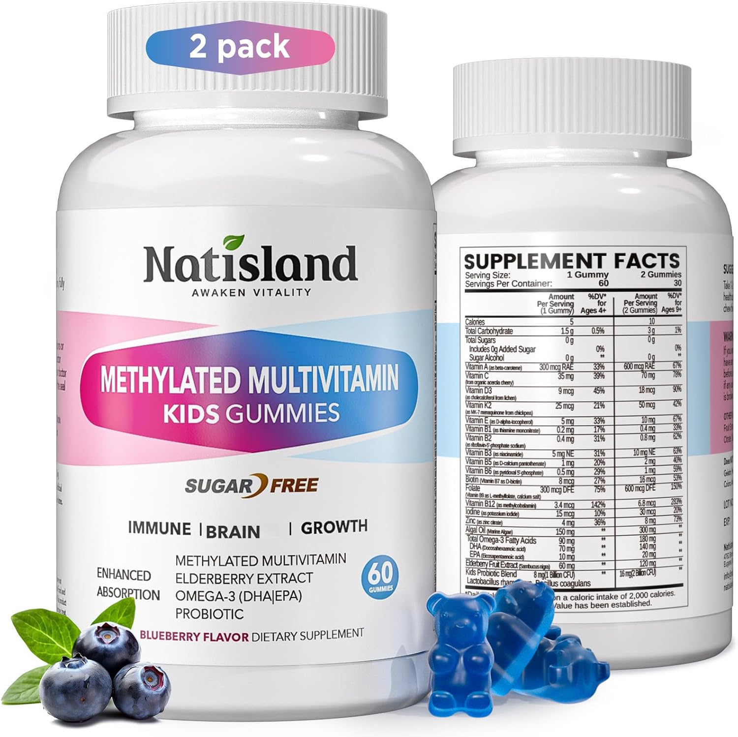 Kids Methylated Multivitamin - Chewable Multivitamin for Kids & Teens 4+, With L Methylfolate, Vegan Omega-3, Zinc, Probiotics & Elderberry, Immune Support, Brain Health, MTHFR Supplement, 2PC