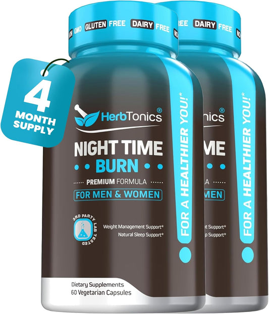 Herbtonics Night Time Burn & Sleep Complex Supports Overnight Metabolism, Stress Relief & Deep Sleep. Includes Melatonin, Valerian and Green Tea \u2013 Vegan Bedtime Weight Management (120 Capsules)