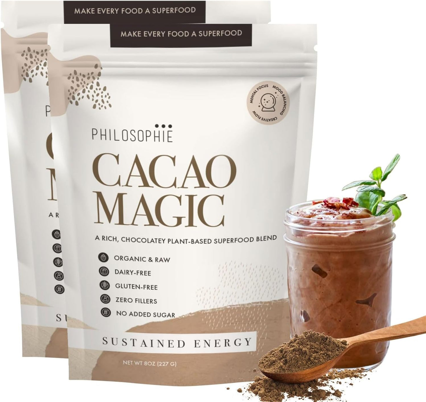 Philosophie Organic Cacao Magic Superfood Blend – Plant-Based Protein Powder with Raw Cacao, Reishi Mushroom & Maca Root – Unsweetened Vegan Chocolate Supplement, 64 Servings