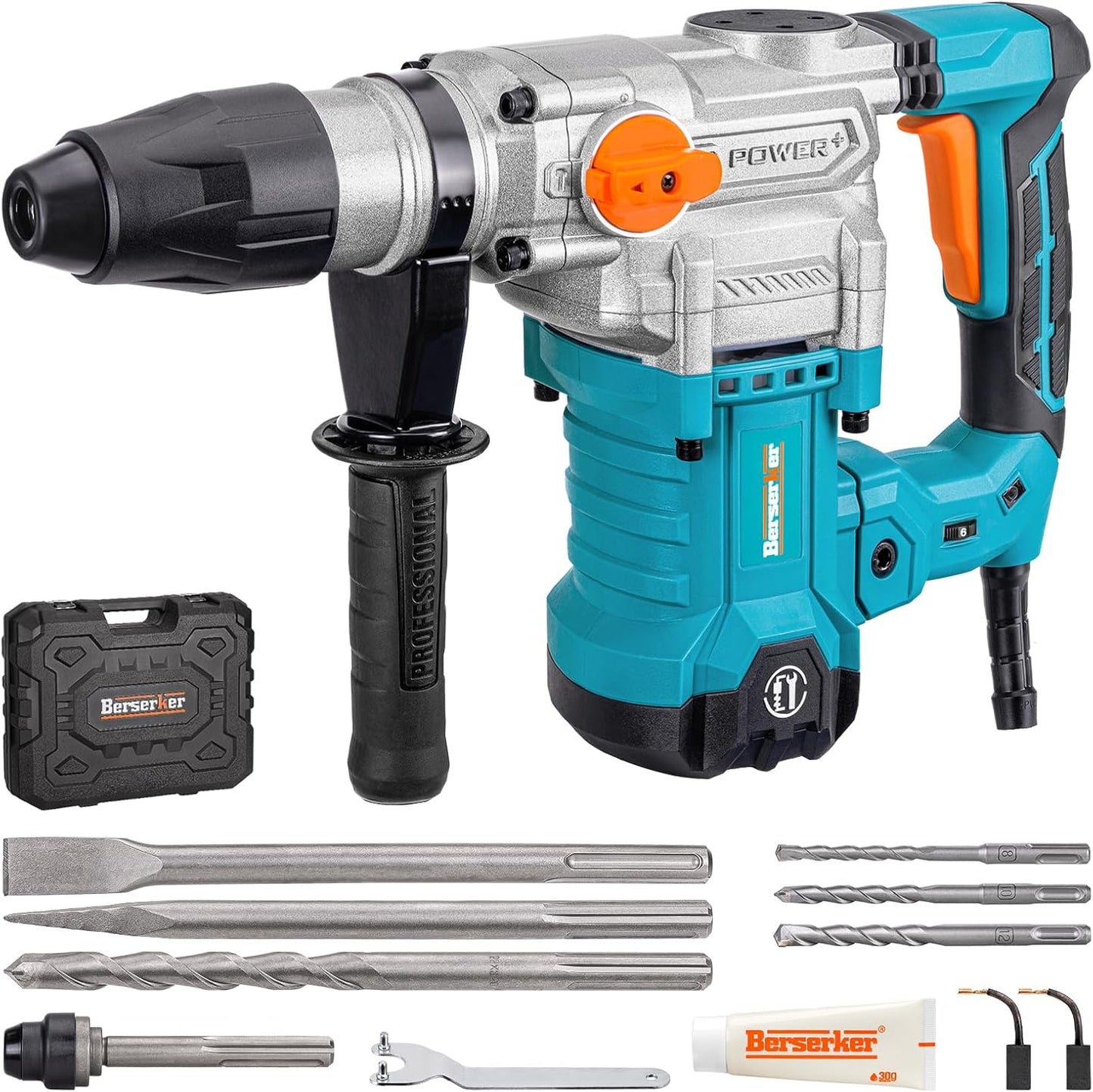 Berserker 1-9\/16" SDS-Max Heavy Duty Rotary Hammer Drill with Vibration Control,Safety Clutch,13 Amp 3 Functions Demolition Rotomartillo for Concrete-Including 4 Drill Bits,2 Chisels,Carrying Case