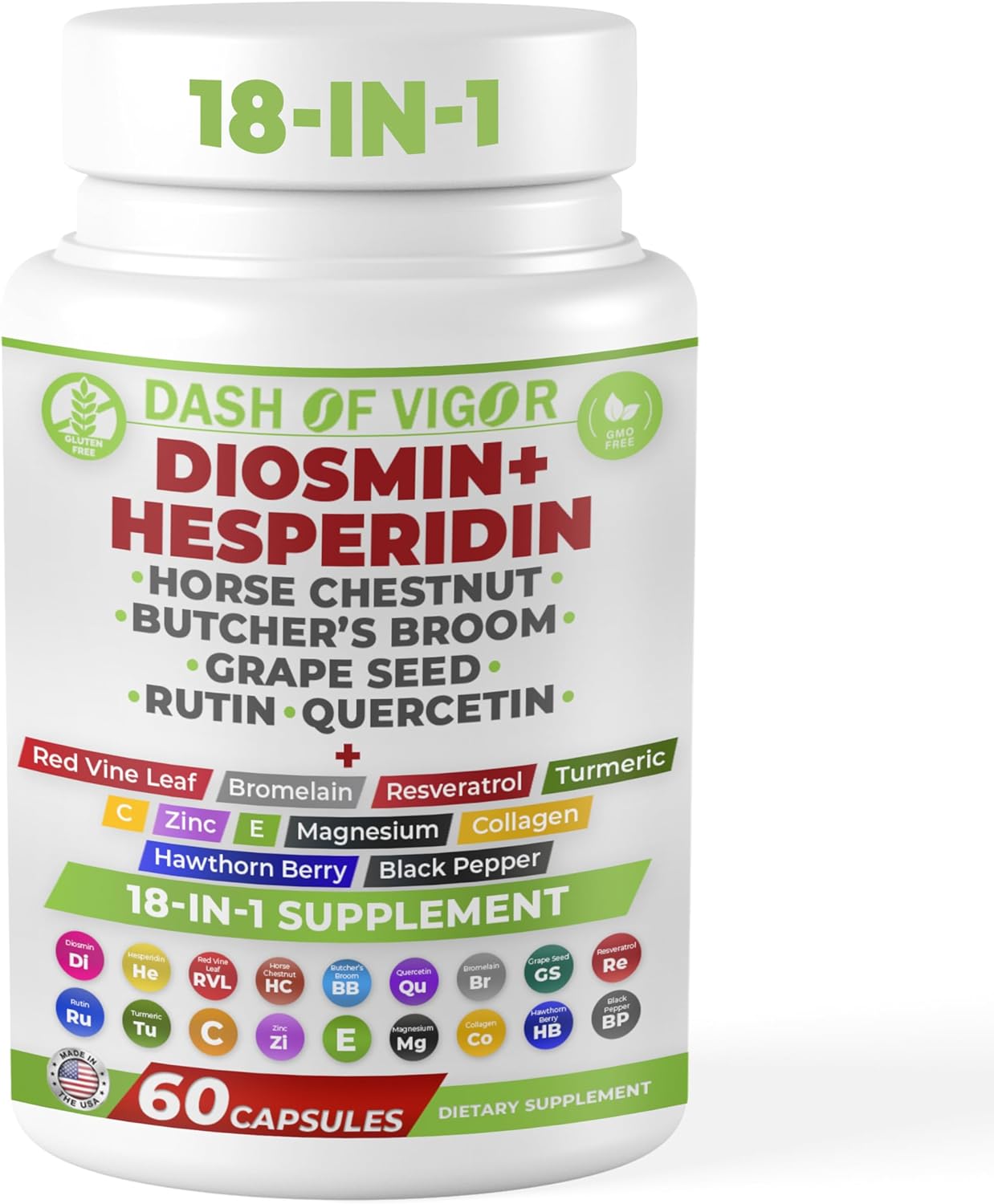 Dash of Vigor 18-in-1 Diosmin Hesperidin Supplement, Quercetin with Bromelain, Zinc, Vitamin C with Rutin Supplement, Horse Chestnut Extract, Butcher's Broom Extract, USA, 60 Capsules
