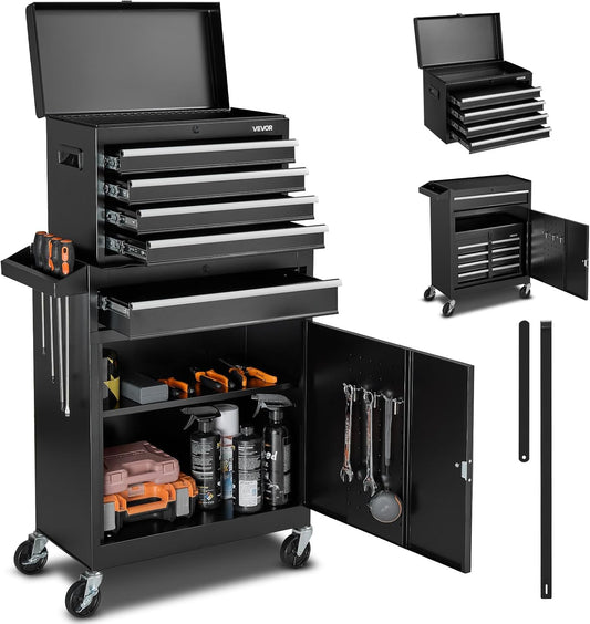 VEVOR Rolling Tool Chest, 2-in-1 Design, 5 Drawers Tool Cabinet Organizer with Detachable Top Metal Toolbox, Lock Bar, Protective Liner, and Tools Rack, Garage Storage Cabinet for Warehouse, Workshop