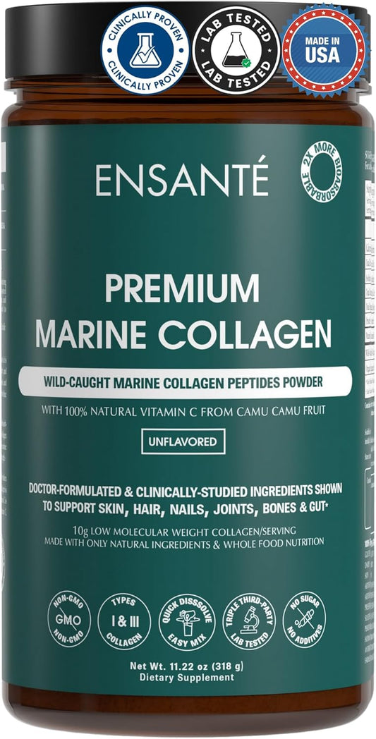 ENSANTE Clinically Backed Premium Marine Collagen Peptides Powder Unflavored, Type I II III IV Collagen for Skin Hair Nail Joint, Wild Sea Fish Collagen with Organic Camu Camu Vitamin C, Lab Tested
